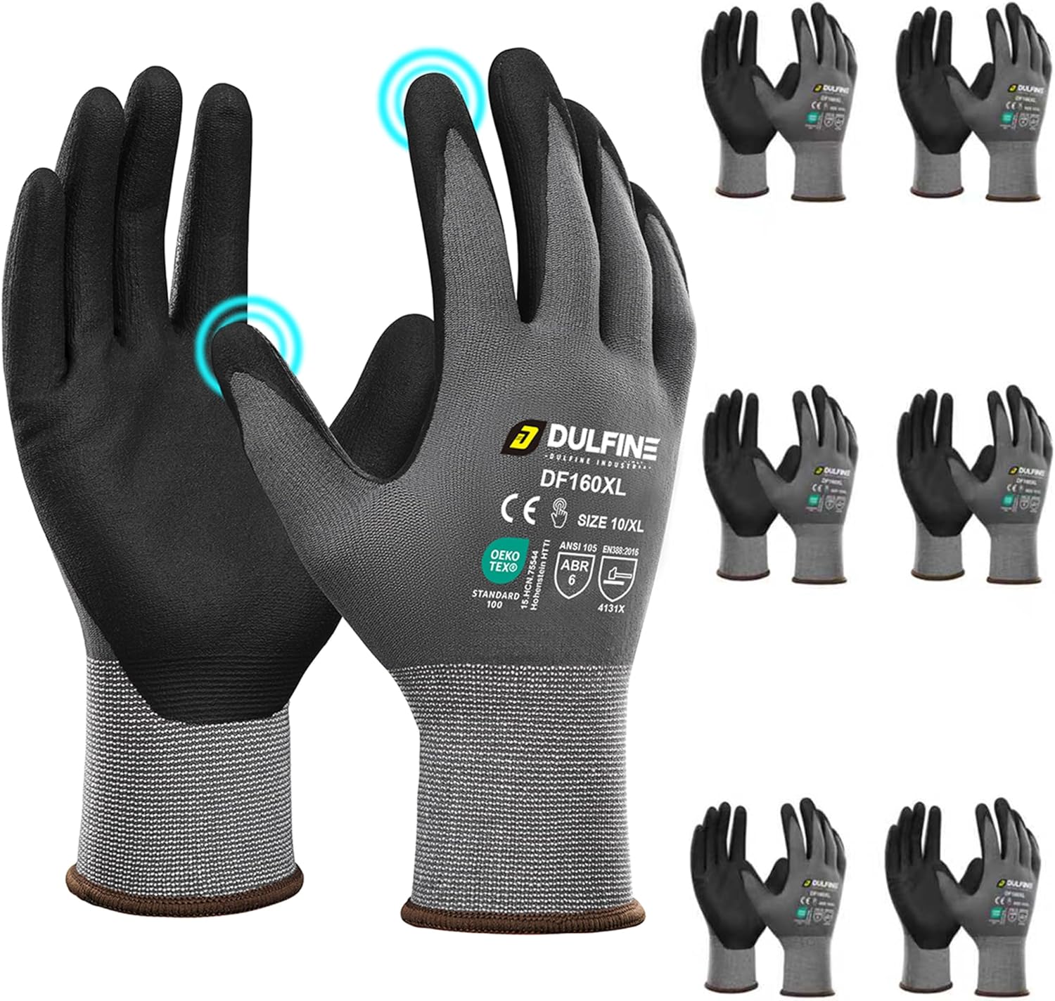 DULFINE Safety Work Gloves MicroFoam Nitrile Coated-6 Pairs Pack,Seamless Knit Nylon Glove with Black Micro-Foam Nitrile Grip,Ideal for General Purpose,Automotive,Home Improvement,Painting(Medium)