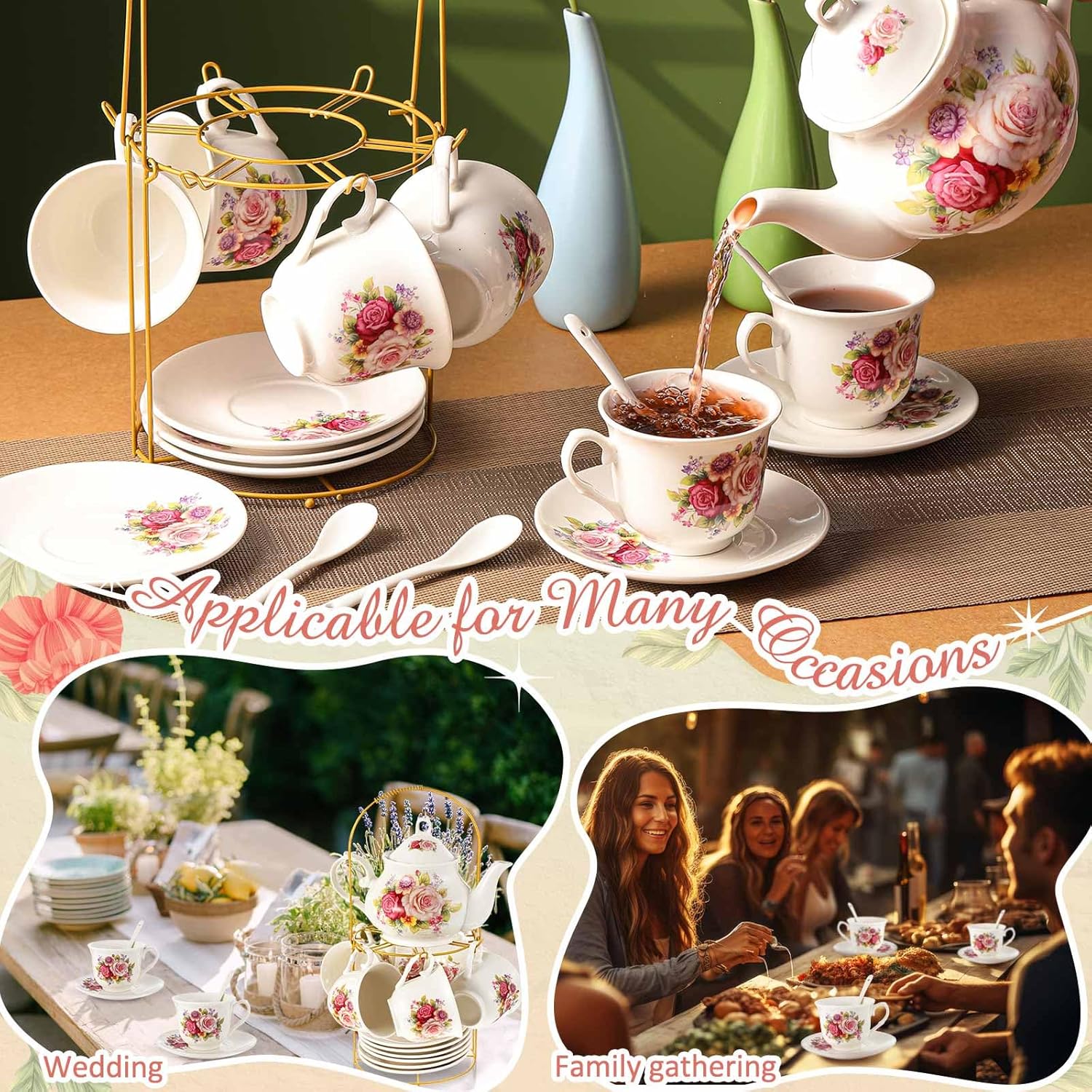Zhehao 20 Pcs Porcelain Tea Set with Metal Holder and Spoon Adult Ceramic Tea Party Set European Flower Painting Teapot Cup Saucer Spoon for Women, Large Version(Modern Style)