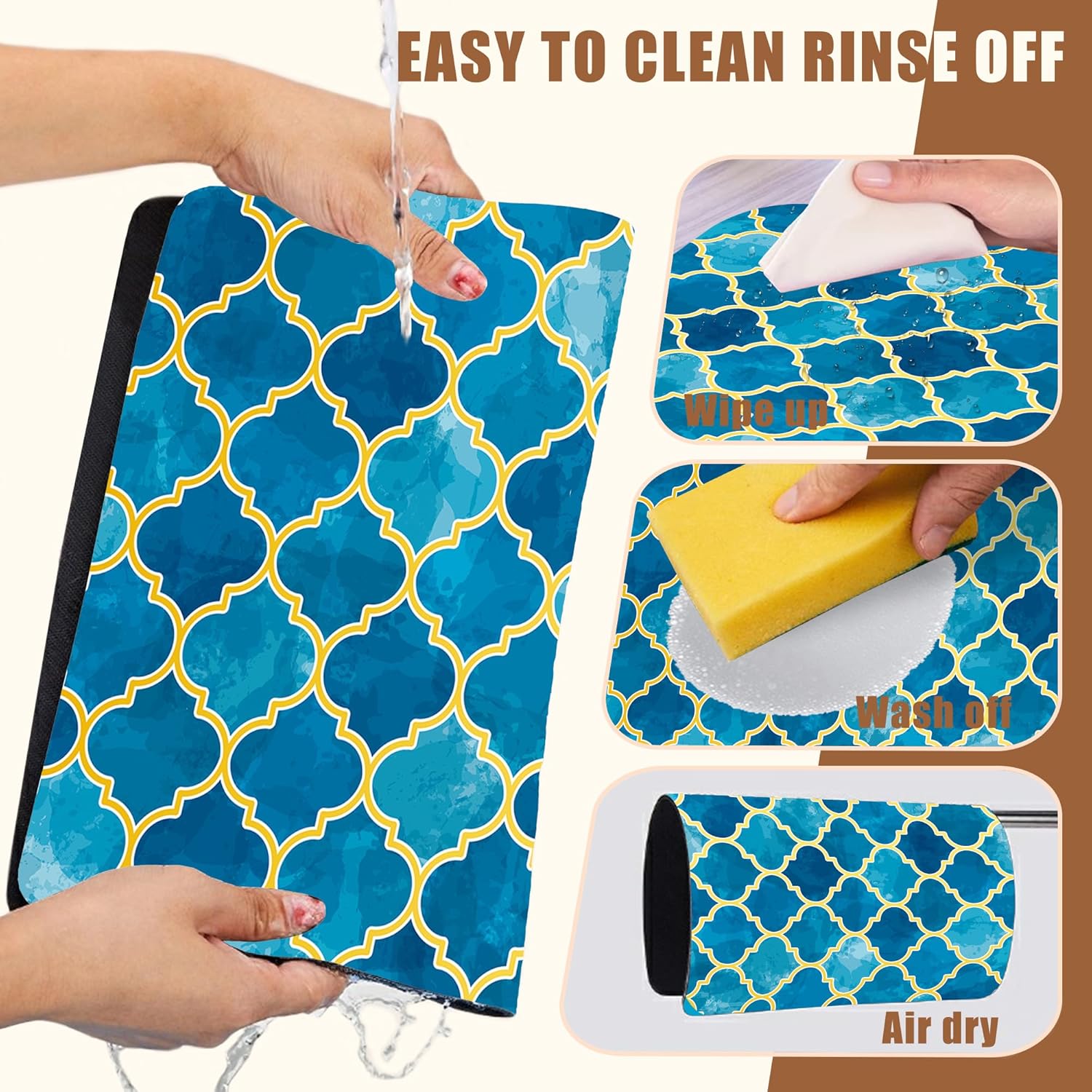 Dish Drying Mat Blue Moroccan Tile Coffee Bar Mat for Countertop Absorbent Hide Stain Rubber Backed Dish Drainer Rack Pad Espresso Machine Table Accessories Dining Room Decor 11.8 x 19.7 Inch
