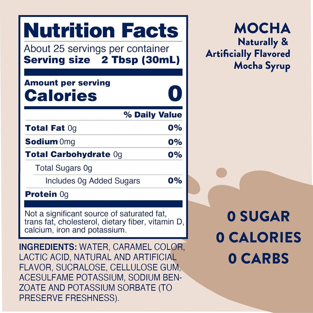 Jordan's Skinny Syrups Sugar Free Coffee Syrup, Mocha Flavor Drink Mix, Zero Calorie Flavoring for Chai Latte, Protein Shake, Food & More, Gluten Free, Keto Friendly, 25.4 Fl Oz, 1 Pack