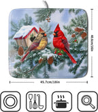 Winter Red Cardinal Bird Dish Drying Mat for Kitchen Counter,Holly Berry Branches Xmas Snowflake Cabin Drying Mat 16 x 18 Inch with High Absorbent Microfiber Drainer Mat for Coffee Bar