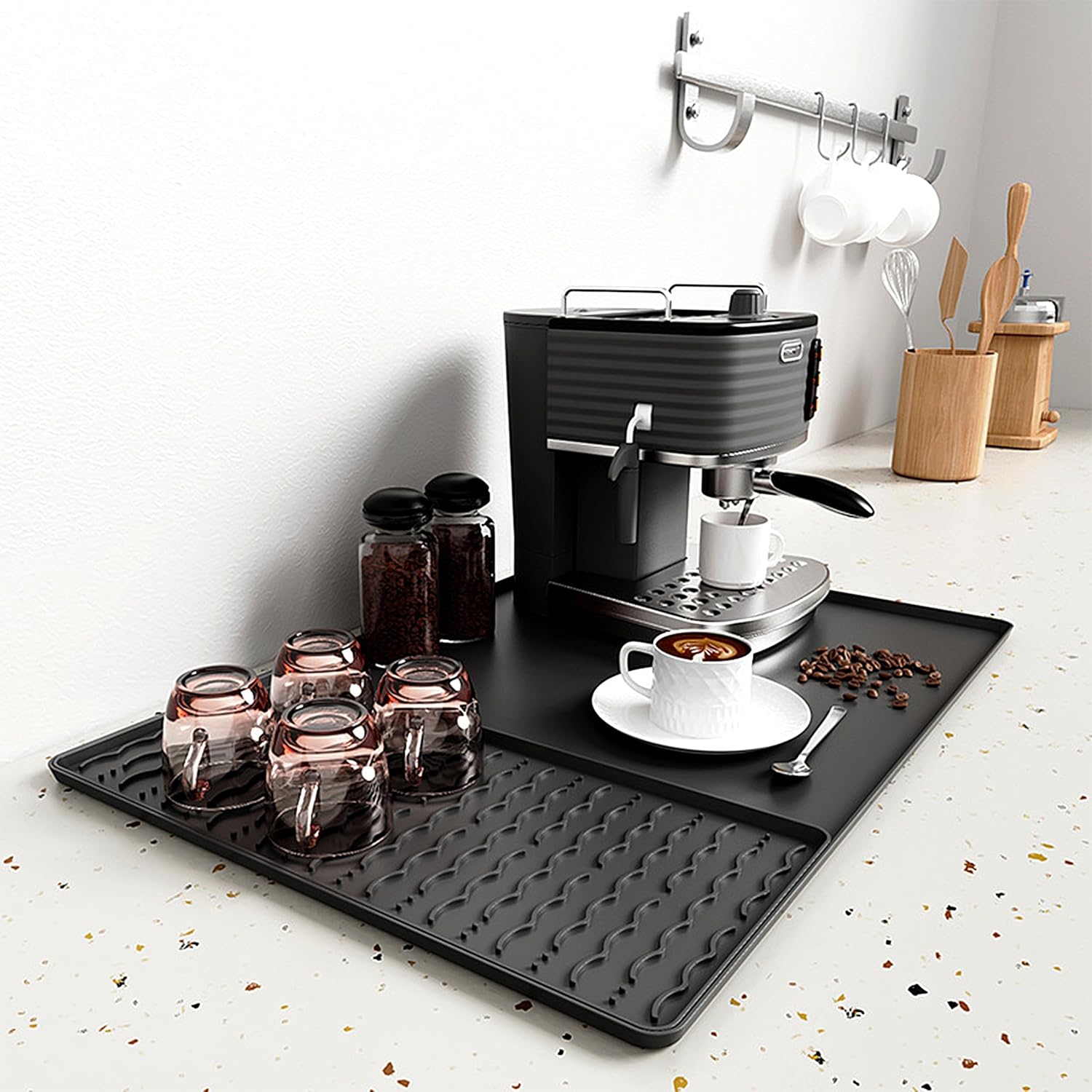 Silicone Coffee Mat, 24 x 16 Inch Non-Slip Heat Resistant, Large and Small Combination Bar Mat, Convex Edge Spill Resistant Design for Coffee Machines and Kitchen Countertops,Wave Pattern Black