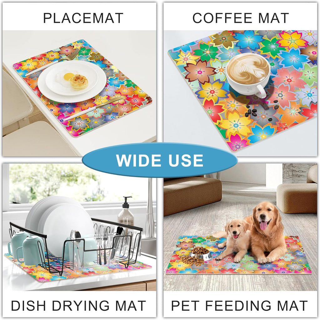 Coffee Mat for Kitchen Counter - Hide Stain Absorbent Dish Drying Mat, Rubber Coffee Bar Mats, Drying Pads, Accessories Fit Under Tea Pot, Cafe Maker, Espresso Machine, Dish Rack, 19"x12", Flowers
