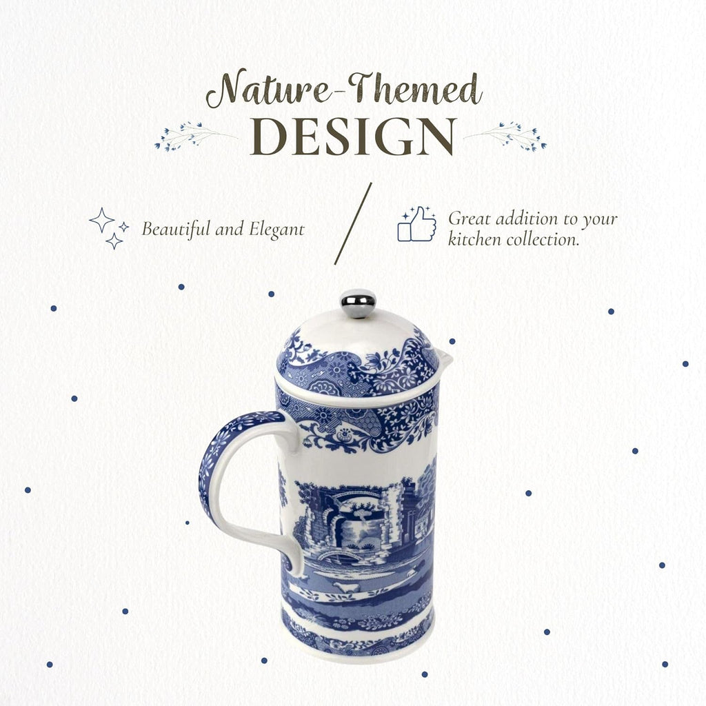 Spode Blue Italian French Press | 28-Ounce Capacity | Espresso, Coffee, and Tea Maker | Porcelain Cafetiere | Stainless Steel Plunger | Dishwasher Safe (Blue/White)