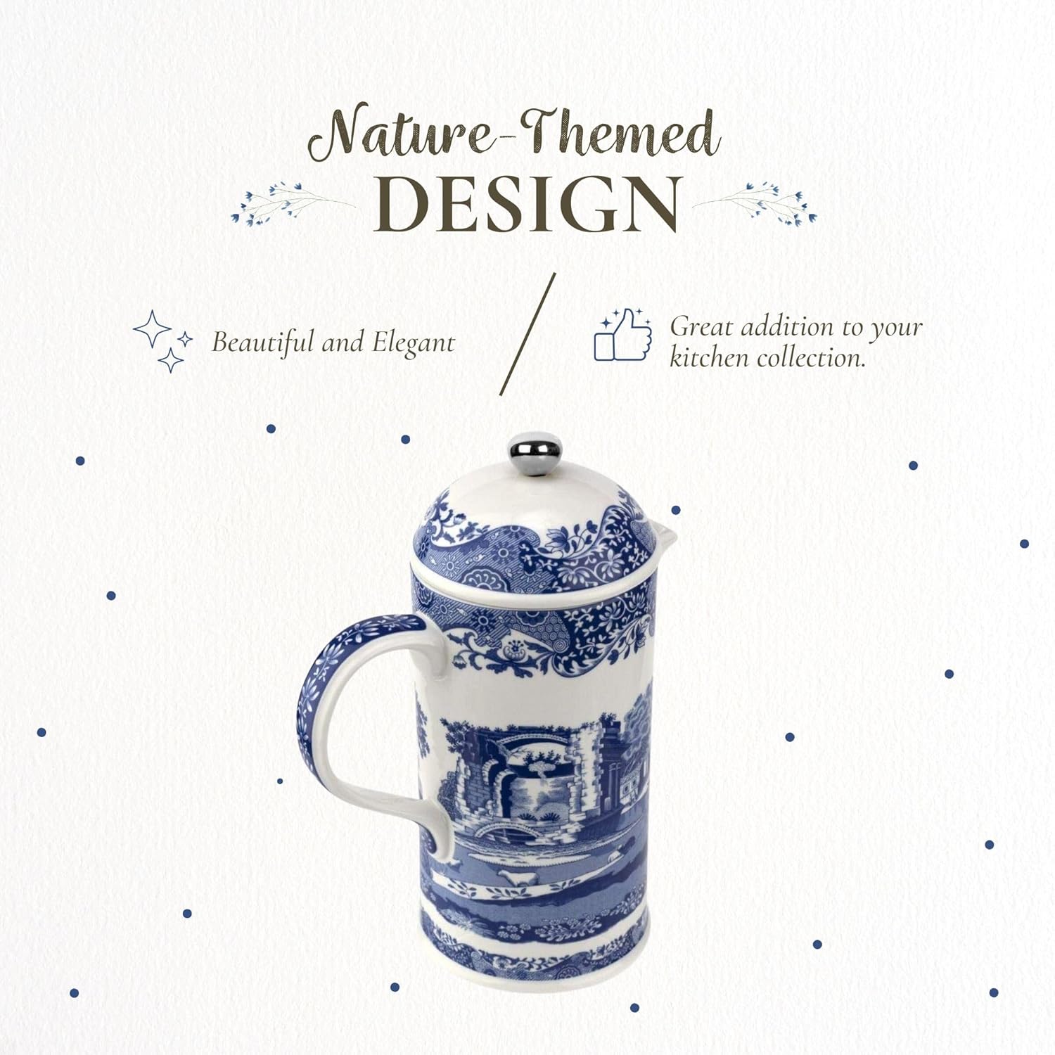 Spode Blue Italian French Press | 28-Ounce Capacity | Espresso, Coffee, and Tea Maker | Porcelain Cafetiere | Stainless Steel Plunger | Dishwasher Safe (Blue/White)