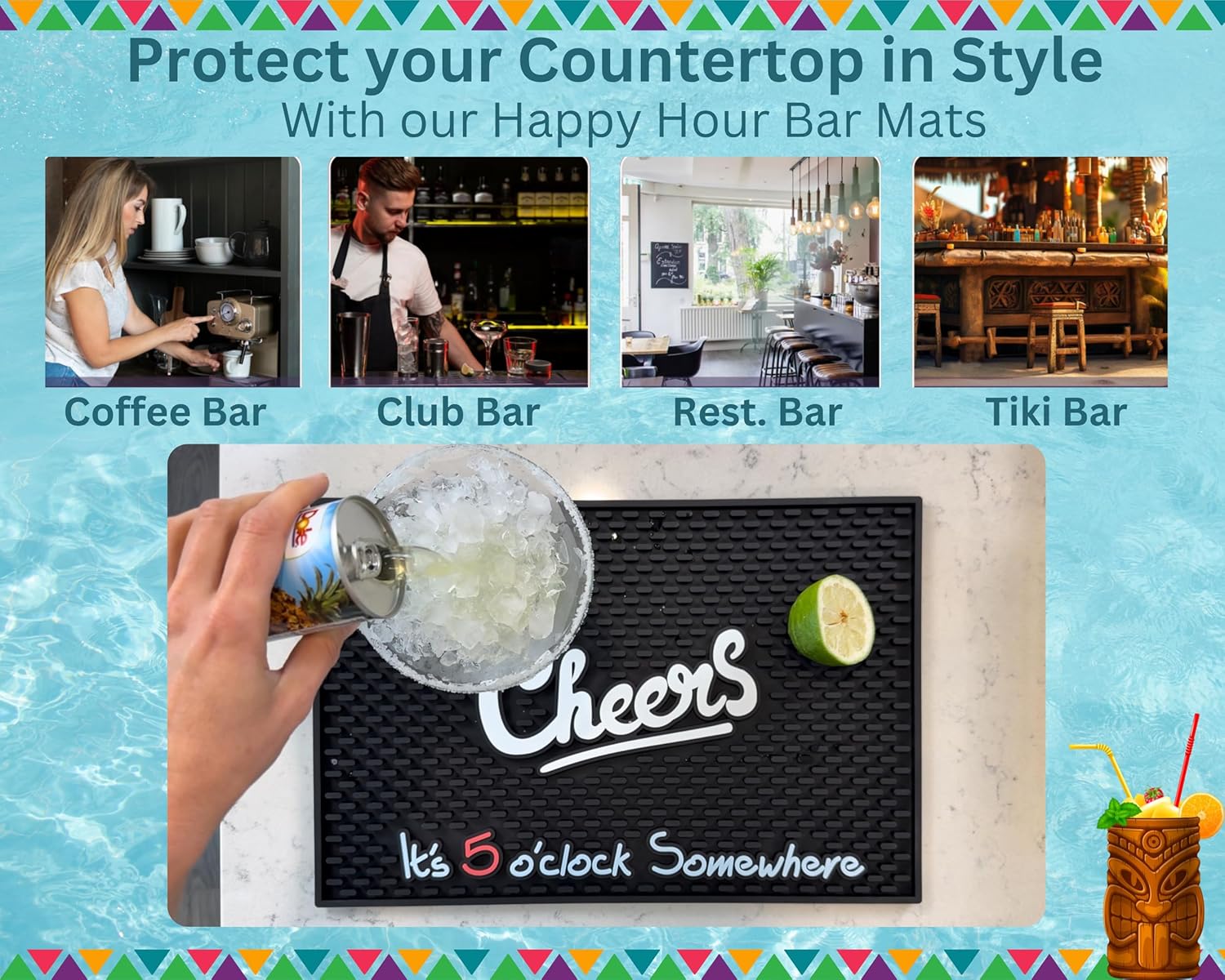 Cheers It's 5 o'clock Somewhere Tiki Bar Mats for Countertop 18 x 12in, Tiki Decor Cheers Sign for Bar Cart Decor and Essentials, Silicone Coffee Mat and Coffee Matt for Counter, Drink Signs for Party