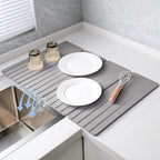 Extral Large Quick Dry Stone Drying Mat for Kitchen Counter,28x16 Inch Collapsible Eco-Friendly Absorbent Diatomaceous Earth Mat for Dishes Cups (Medium Gray-Upgraded Version, 16x12 inch)