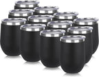 DOMICARE Stainless Steel Wine Tumbler Bulk with Lid, Personalized Insulated Tumblers Set, 12oz Travel Coffee Cups Pack of 12, Black