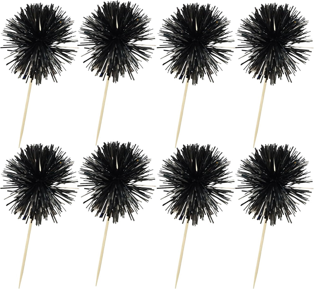 Ephlyn 30Pcs Foil Firework Cupcake Toppers Sparkle Tinsel Cupcake Picks Happy Birthday Cake Decorations Drink Stirrers Cocktail Food Fruit Toothpicks for Baby Shower Graduation Party Supplies Black