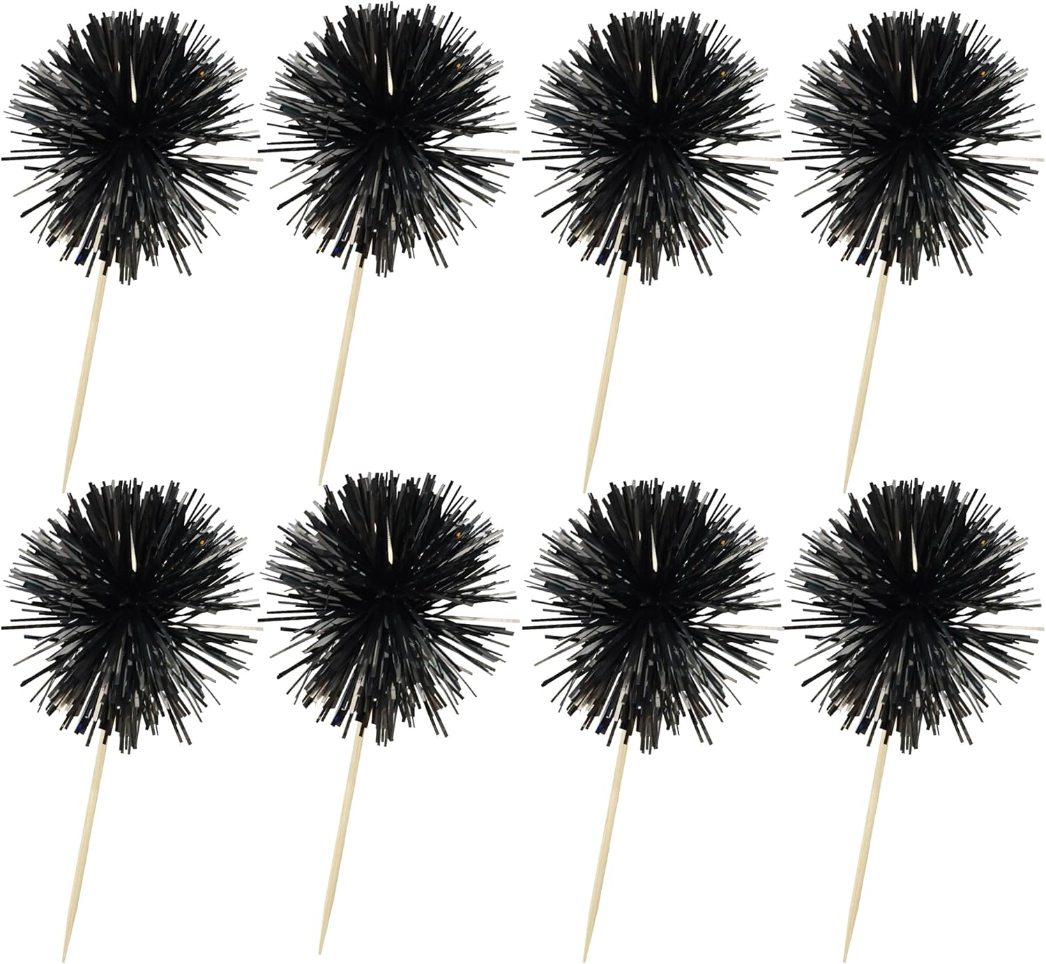 Ephlyn 30Pcs Foil Firework Cupcake Toppers Sparkle Tinsel Cupcake Picks Happy Birthday Cake Decorations Drink Stirrers Cocktail Food Fruit Toothpicks for Baby Shower Graduation Party Supplies Black