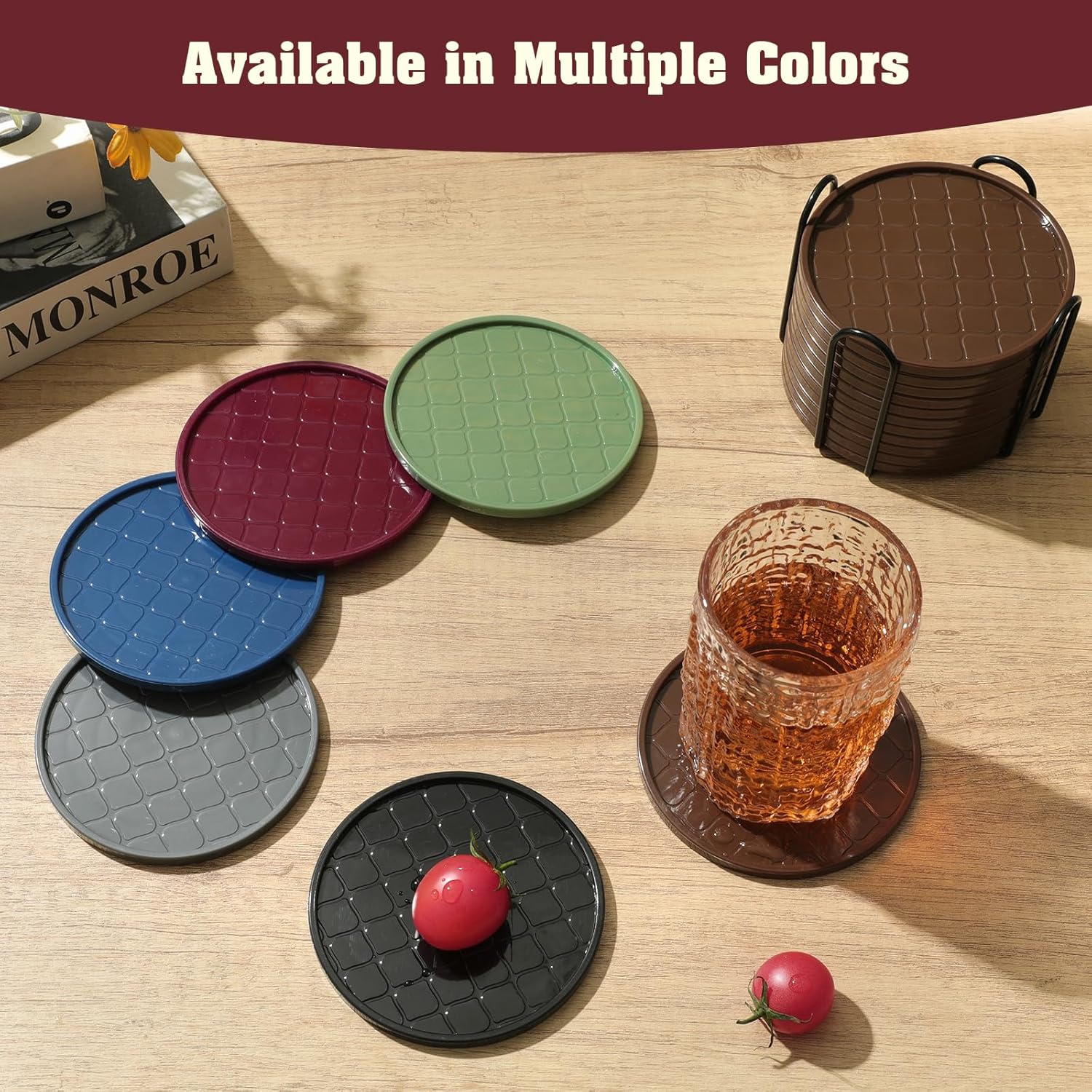 Coasters Set of 8,Hot or Cold Drink Coasters with Holder,Modern Style Coffee Table Coaster,Suitable for Kinds Cups Beer,Drink,Anti-Overflow Tabletop Protection(Wine red, 8pcs)