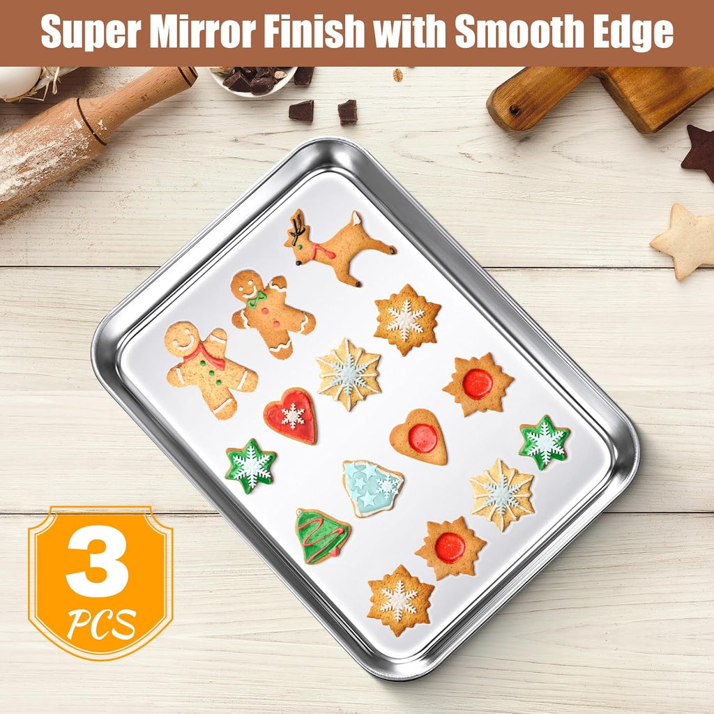 3 Pcs Baking Sheet Pan Set 9 x 6.7 x 1 Inches Cookie Sheet Small Toaster Oven Stainless Steel Tray Barbecue Grill Rectangle Trays, Non-stick, Easy Clean
