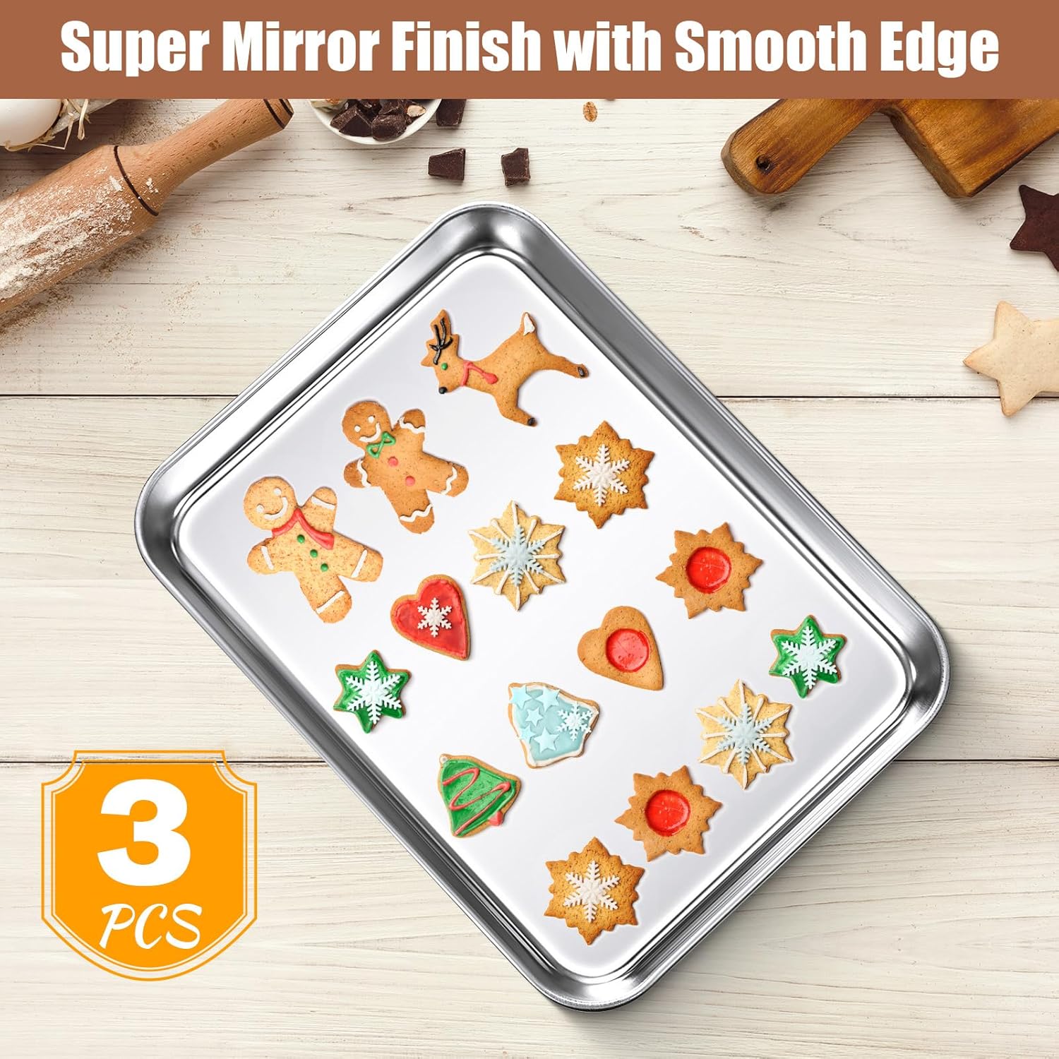 3 Pcs Baking Sheet Pan Set 9 x 6.7 x 1 Inches Cookie Sheet Small Toaster Oven Stainless Steel Tray Barbecue Grill Rectangle Trays, Non-stick, Easy Clean