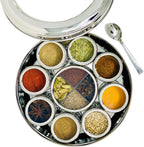 spice dabba Stainless Steel Indian Spice Box,Steel Masala Dabba 12 Spices,Lid Spice Box,Authentic Spices,Masala Box with Individual containers|Size 9 x 9 x 3 IN 3 LB (Indian Spice Box with Spices)