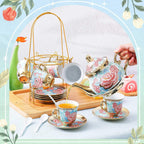 Zhehao 20 Pcs Porcelain Tea Set with Metal Holder and Spoon Adult Ceramic Tea Party Set European Flower Painting Teapot Cup Saucer Spoon Set for Women, Large Version(Vintage Style)