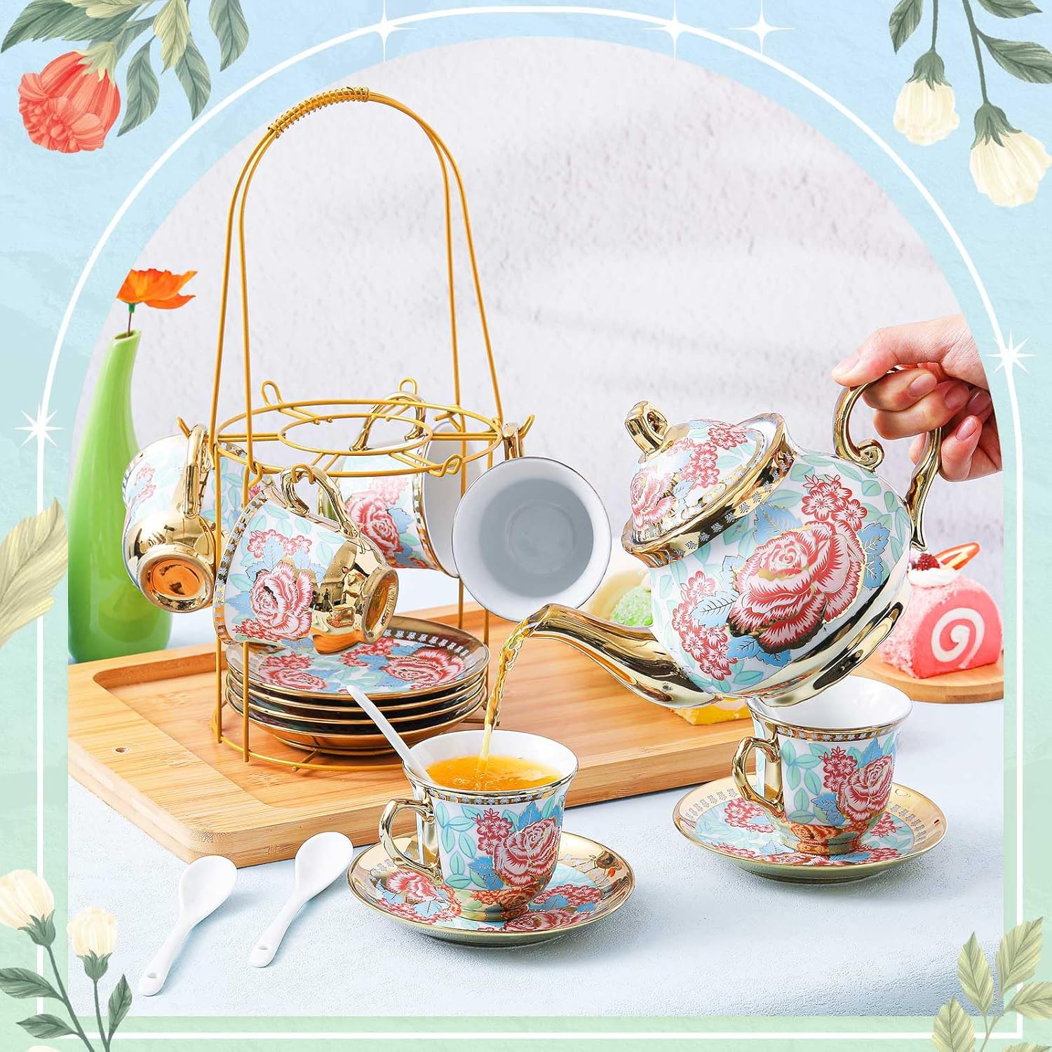 Zhehao 20 Pcs Porcelain Tea Set with Metal Holder and Spoon Adult Ceramic Tea Party Set European Flower Painting Teapot Cup Saucer Spoon Set for Women, Large Version(Vintage Style)