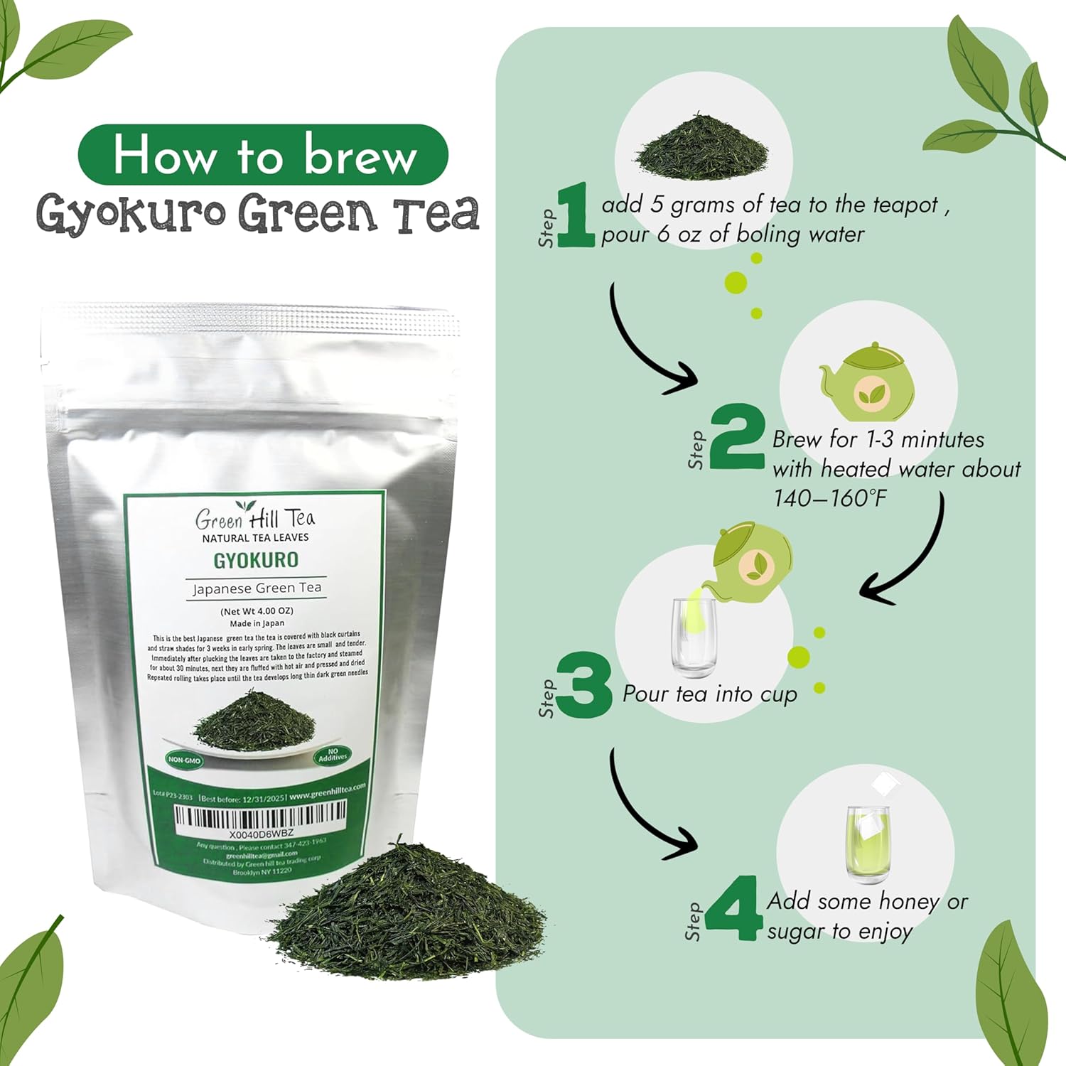Greenhilltea Premium Gyokuro Japanese Green Tea finest green tea loose leave tea - 4 OZ Tea Bag.