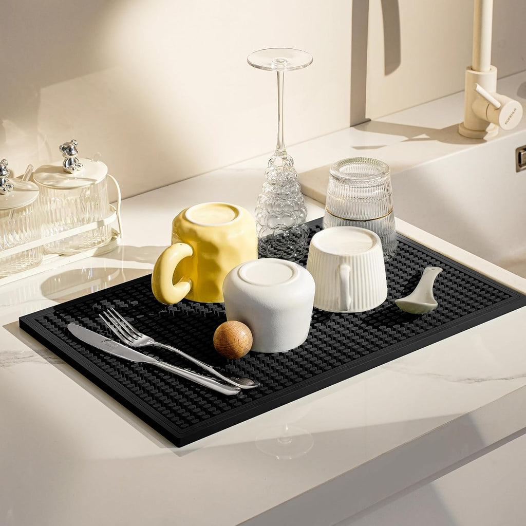 dish drying mat - 18" x 12" Black silicone drying mat , kitchen counter dish drying mats,rubber dish drying mat, Applies to bar mat、coffee mat