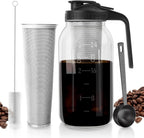 Cold Brew Coffee Maker - 64 oz Wide Mouth Mason Jar Pitcher with Stainless Steel Filter, Coffee Scoop, and Cleaning Brush -Glass Pitcher for Iced Coffee, Tea - Includes Pour Spout Handle Lid