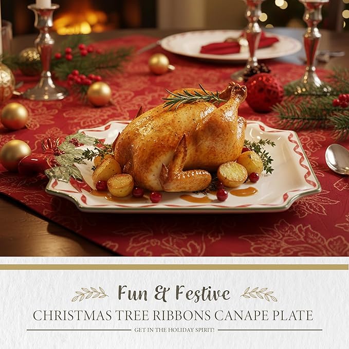 Spode Christmas Tree Ribbons Canape Platter - 6.5-Inch Holiday Serving Plate for Desserts, Appetizers, and Treats - Festive Earthenware Christmas Dinnerware with Gold Accents - Dishwasher Safe