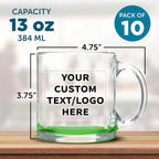 Custom Libbey Clear Glass Coffee Mugs 13 oz. Set of 10, Personalized Bulk Pack - Perfect for Coffee, Tea, Espresso, Hot Cocoa, Other Beverages - Green Bottom