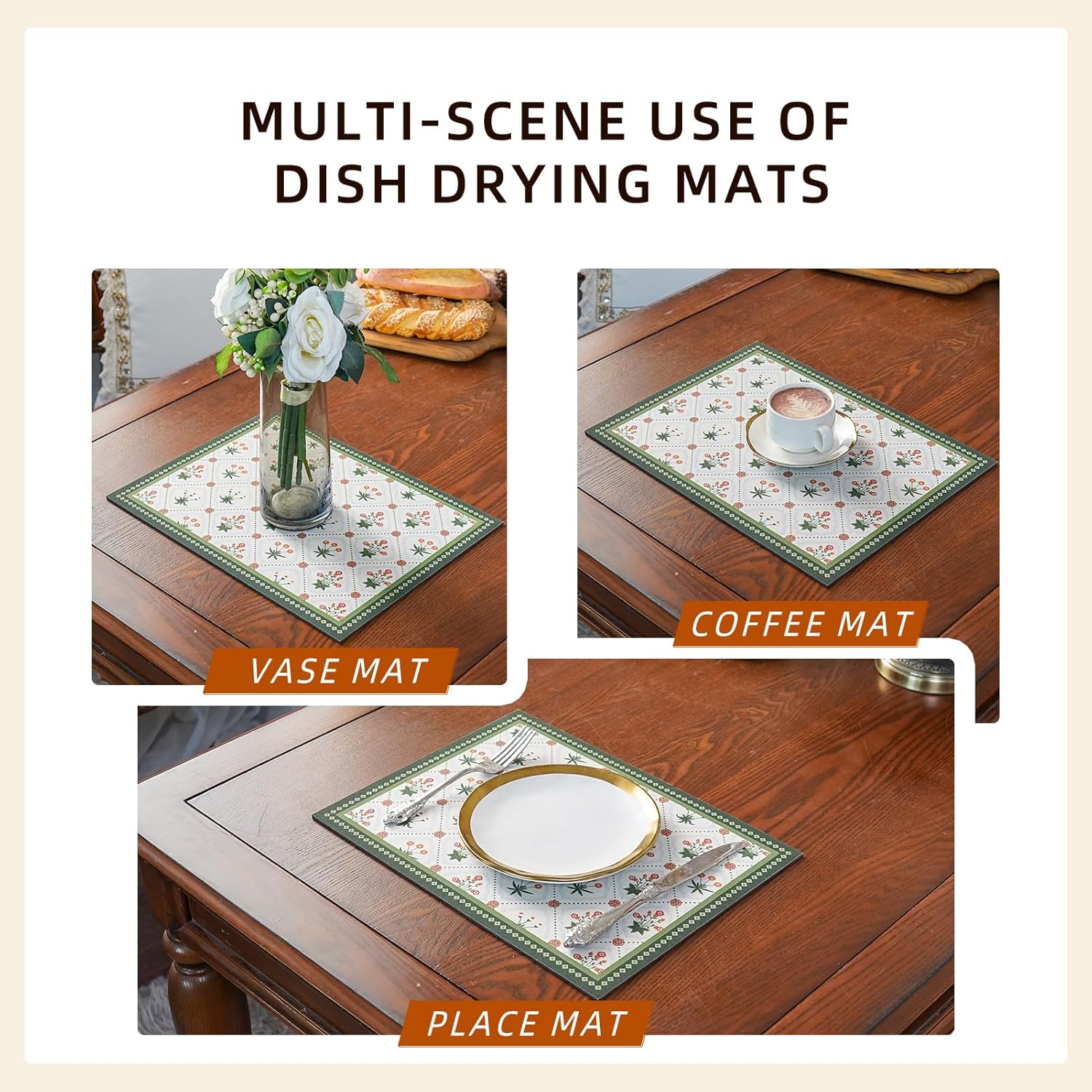 Dish Drying Mat Diatomaceous Earth Soft Coffee Mat, Silicone Dish Drying Mat for Kitchen Counter or Sink for Kitchen Bathroom Coffee Bar (Green, 16 x 24 Inches)