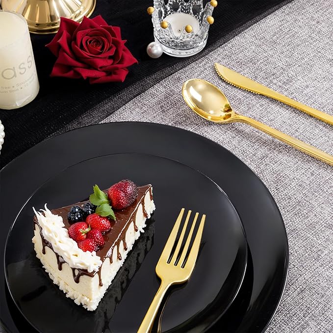 PULOTE 200PCS Black Plastic Plates - Heavy Duty Black Disposable Include 100 Each (10 inch Dinner & 7 inch Dessert) Plates, Disposable for Party, Birthday & New Year