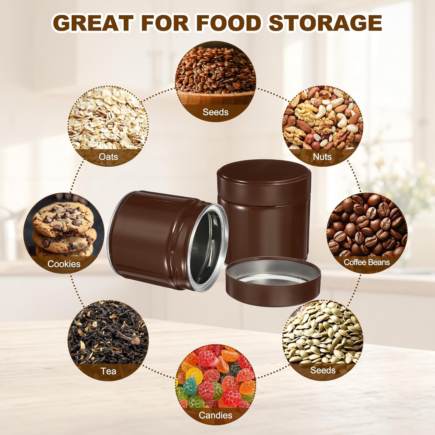 uxcell 2Pcs Round Tea Canisters, 4" x 4" Airtight Metal Tea Containers for Loose Tea, Coffee Beans, Spices - Durable, Compact, and Stylish Storage Tea Tin (Brown)