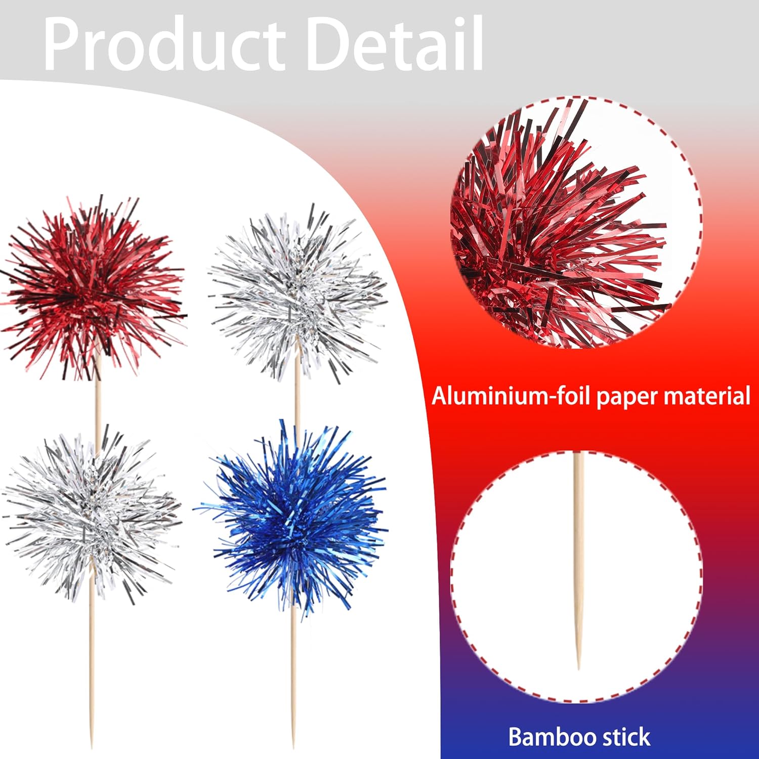 30 PCS Foil Firework Cupcake Toppers Sparkle Tinsel Cupcakae Picks 4th of July Decorations Cocktail Fruit Toothpick for Fireworks Theme Birthday Wedding Graduation Party Decor Supplies Blue Red Silver