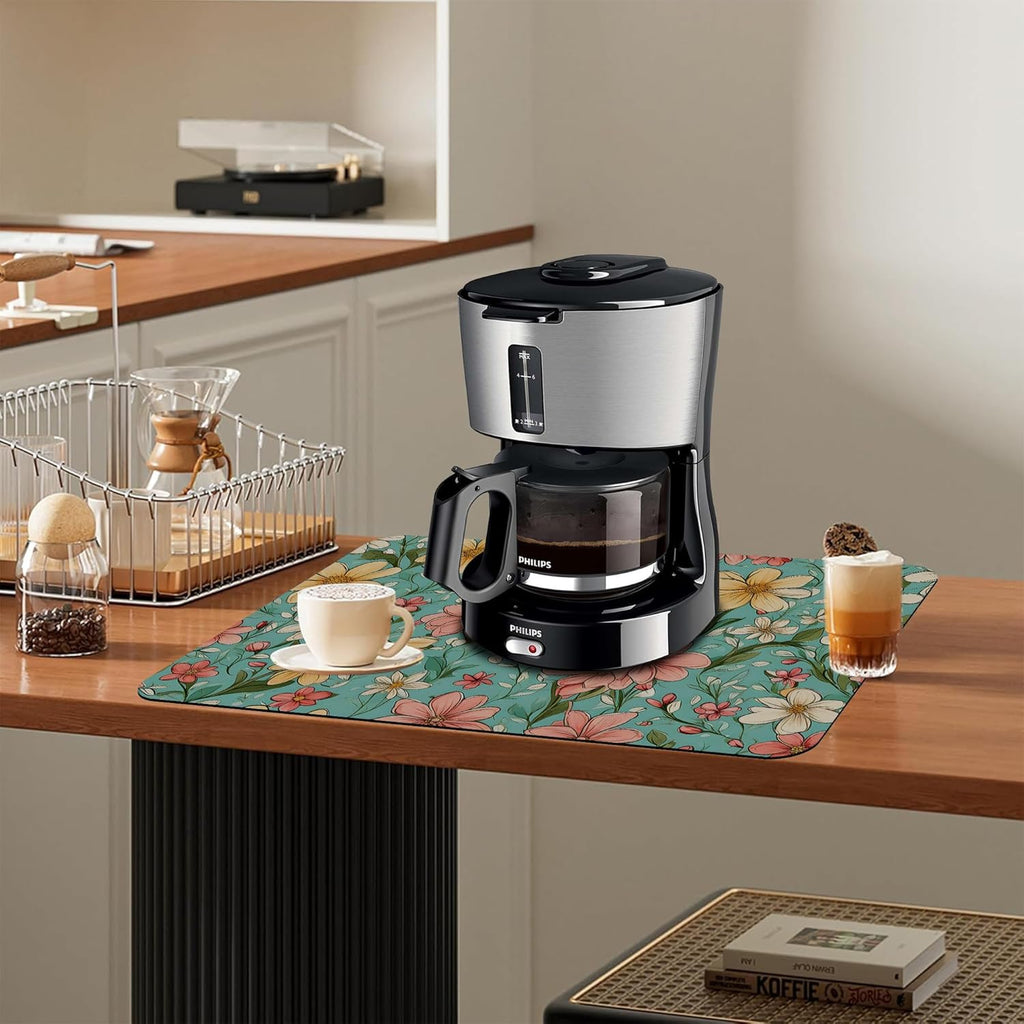 Dish Drying Mat Spring Flower Kitchen Mat 12"x19" Bsorbent Coffee Maker Mat for Dishes,Utensils Coffee Maker Pots and Pans Easy Clean Dish Slip Resistant Pad