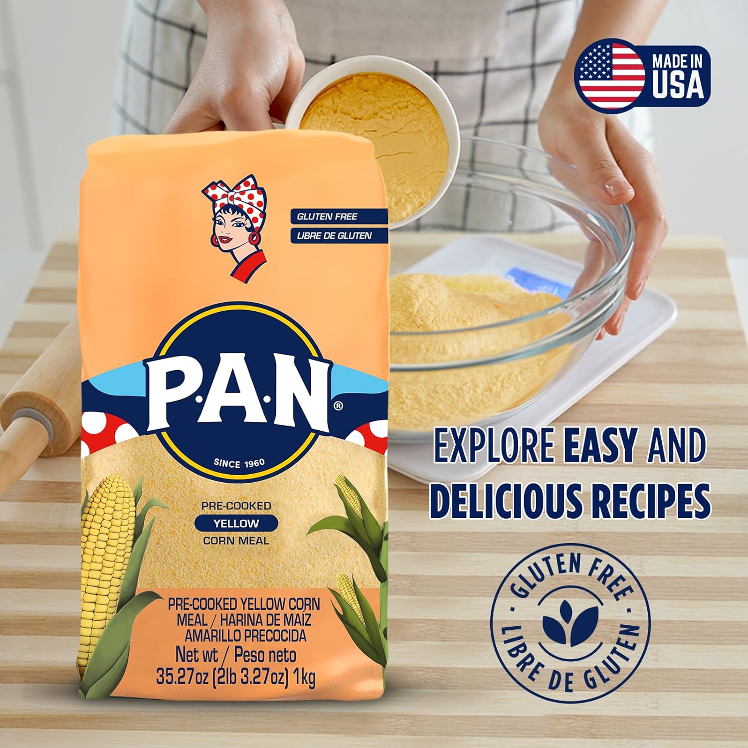 P.A.N. Yellow Corn Meal – Pre-cooked Gluten Free and Kosher Flour for Arepas (2.2 lb / Pack of 10)
