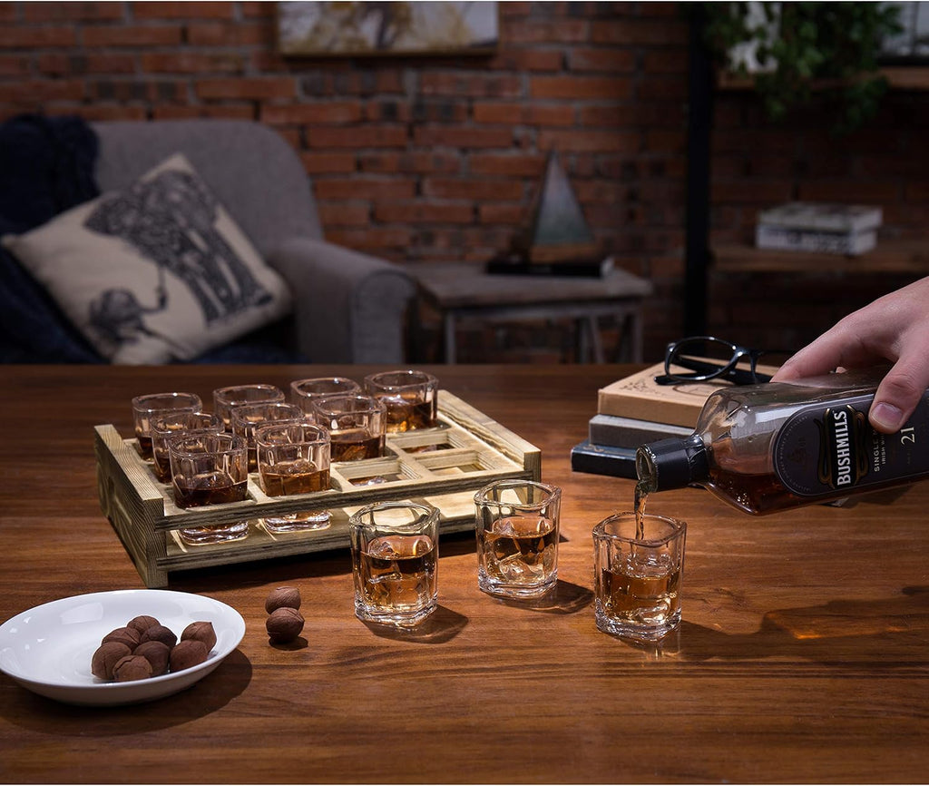 MyGift Shot Glass Serving Set Includes 12 Square Shot Glasses and Burnt Brown Wood Slotted Server Tray