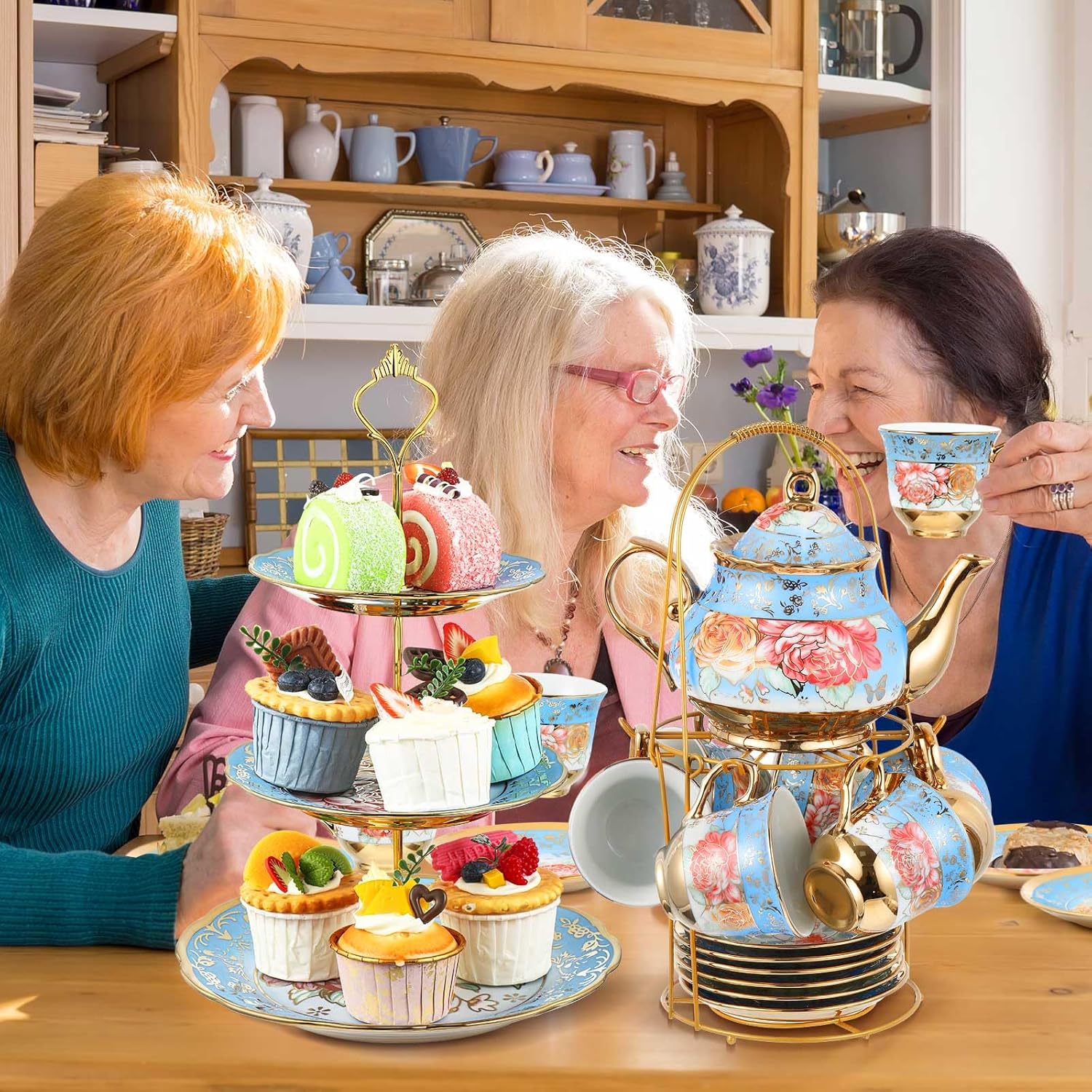 Maxcheck 21 Pcs Tea Party Set for Adults European Floral Tea Set with Metal Holder and 3 Tier Ceramic Cake Stand Porcelain Flower Cup Teapot for Dessert Cupcake(Advanced Style)