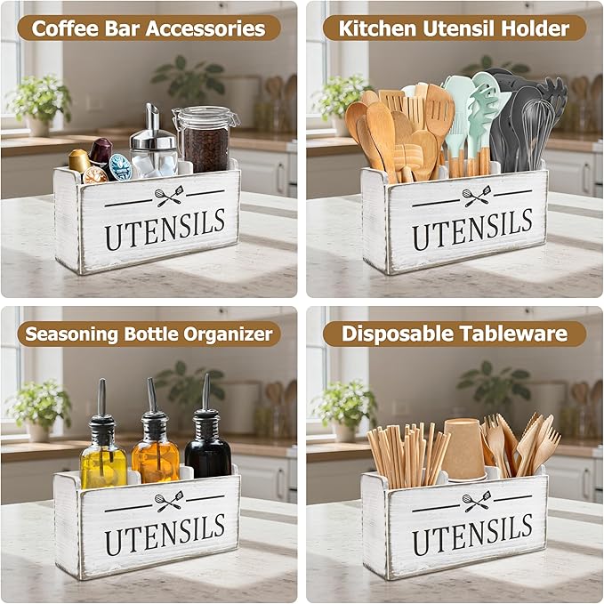 RedCall Wooden Kitchen Utensil Holder for Counter-top,Large Utensil Organizer for Storage Cooking Tool and Silverware,Extra Large Rustic Wood Container (Antique)