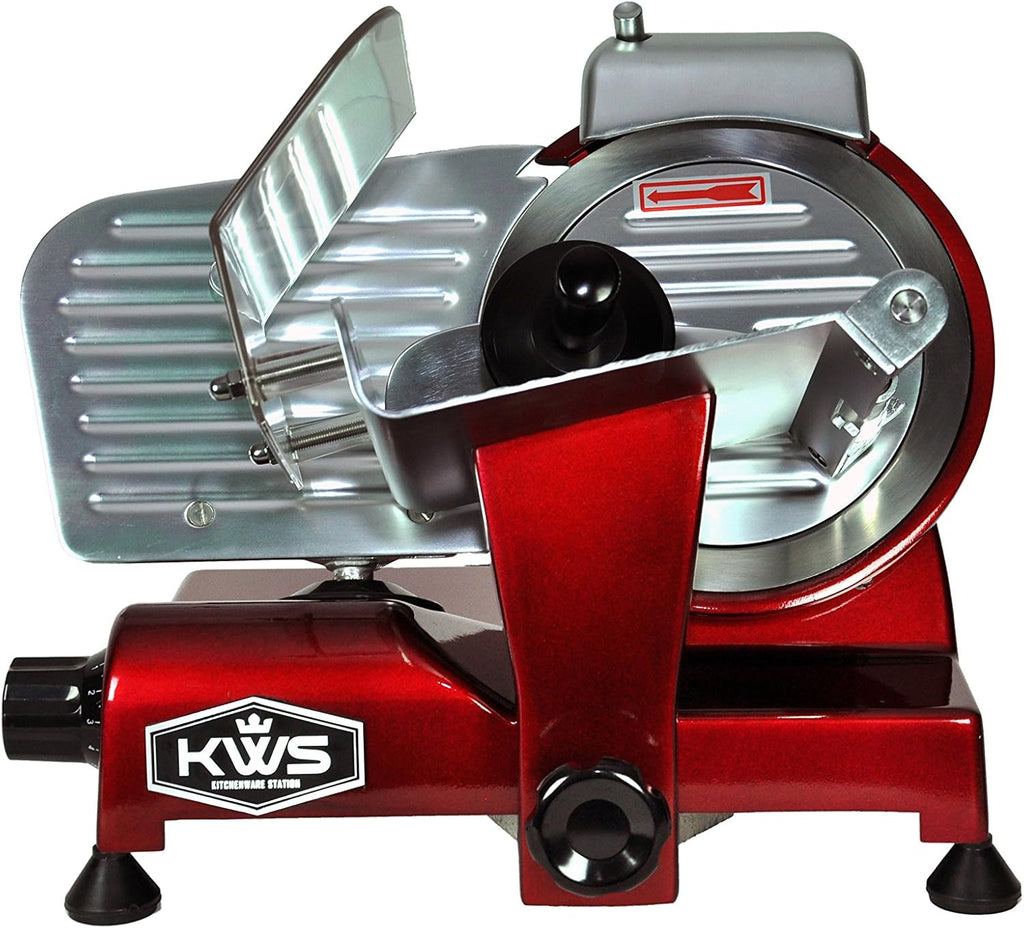 KWS MS-6RS Premium 200w Electric Slicer 7.67-Inch in Red Stainless Steel Blade, Frozen Meat Deli Meat Cheese Food Slicer Low Noises Commercial and Home Use