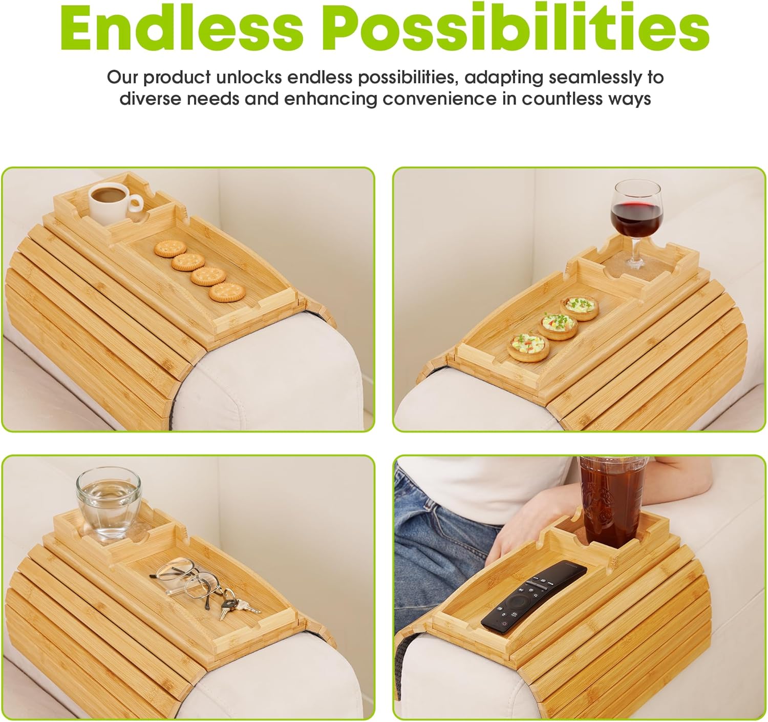 Foldable Couch Cup Holder with 2 Cork Coasters – Detachable Bamboo Sofa Tray, Anti-Slip Sofa Armrest Caddy for Drinks, Snacks, Laptops, & Bathtub – Perfect Home & Gift Accessory