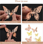SAOROPEB 3D Butterfly Wall Decor, 48 Pcs 4 Styles 2 Color 3 Sizes, Removable Metallic Wall Sticker Room Mural Decals for Kids Bedroom Nursery Classroom Party Decoration (2 Color)