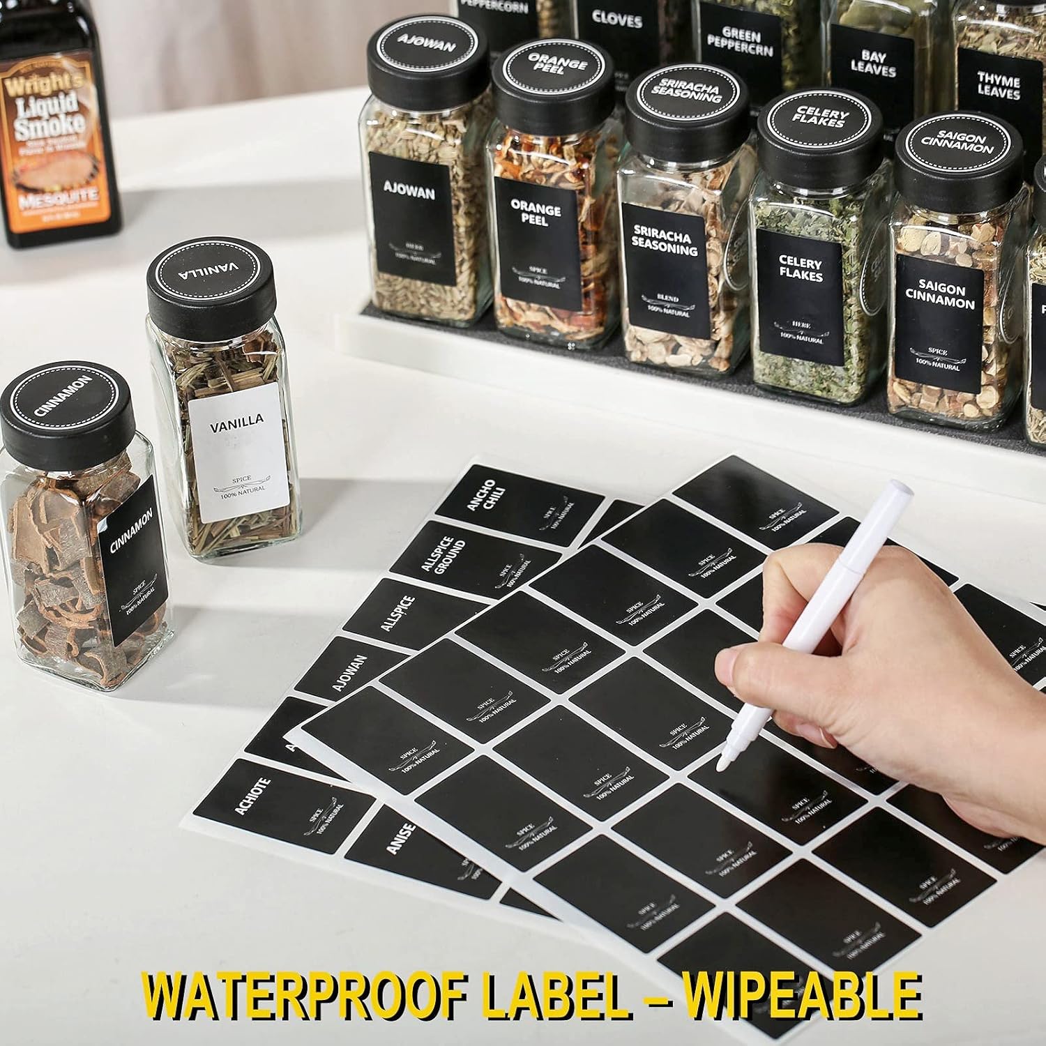 24Pcs Spice Jars Containers with Labels，4oz Black Seasoning Bottles with Shaker Lids for Rack, Cabinet, Drawer,Empty Square Condiment Pots (24, Black)