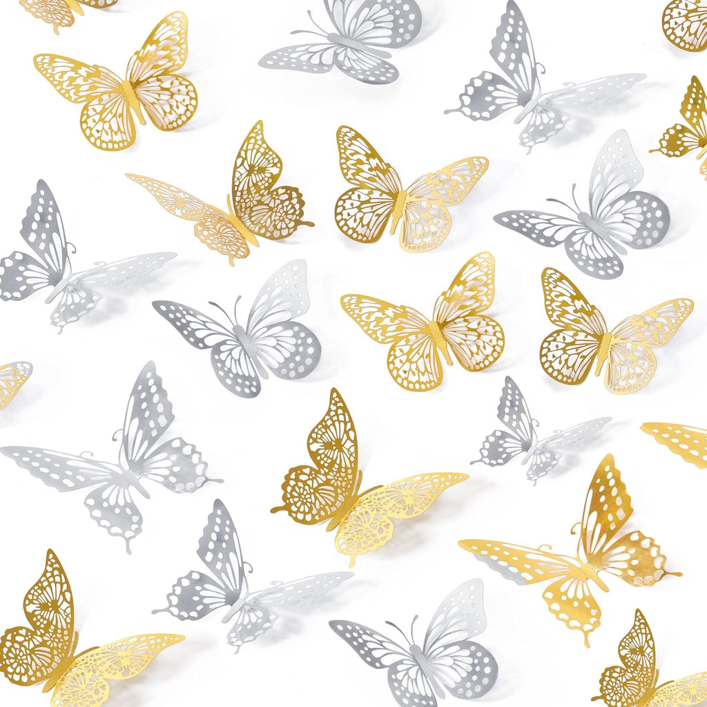 SAOROPEB 3D Butterfly Wall Decor 48 Pcs 4 Styles 3 Sizes, Butterfly Birthday Decorations Party Decorations Cake Decorations Wedding Decor, Removable Stickers (Gold, Silver)
