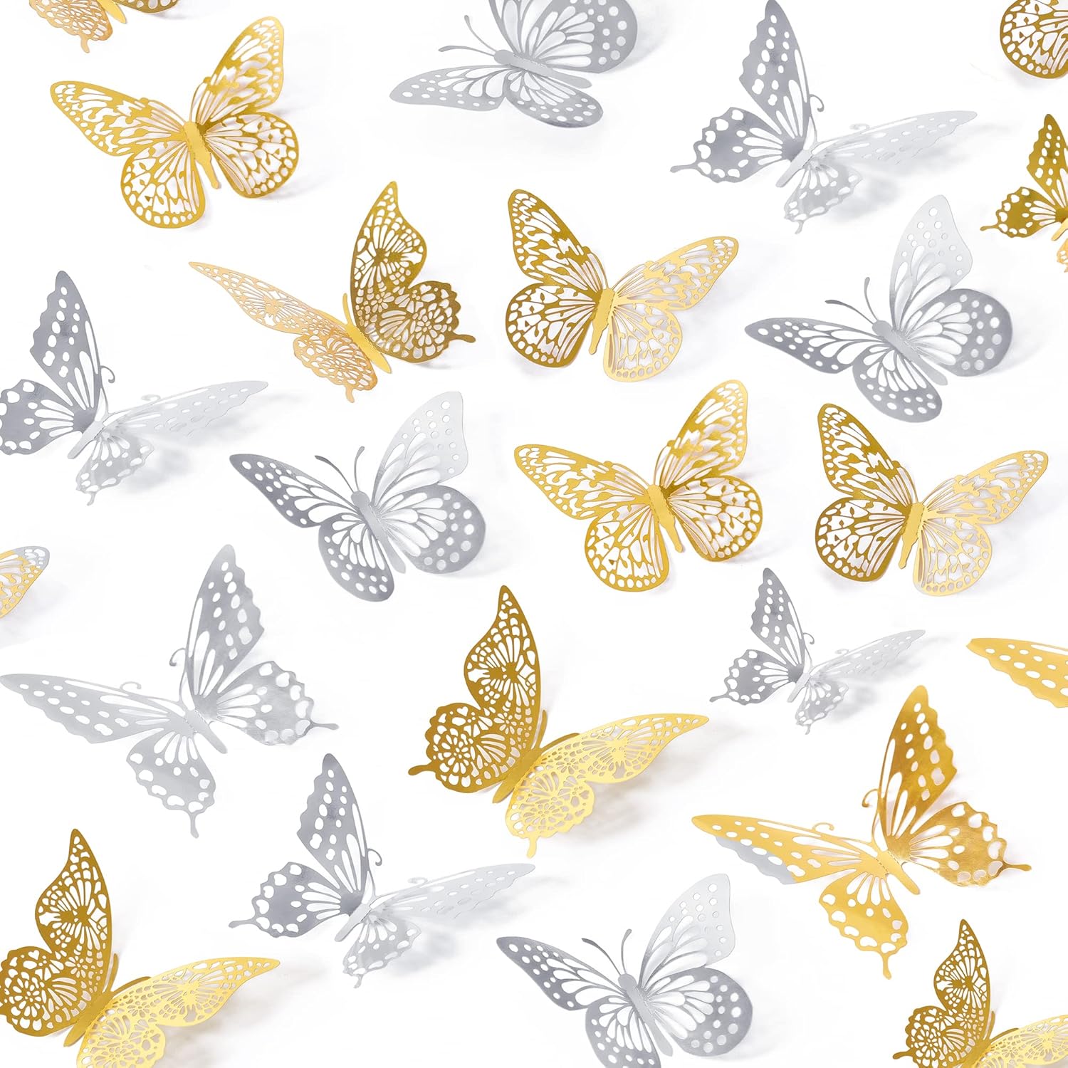 SAOROPEB 3D Butterfly Wall Decor 48 Pcs 4 Styles 3 Sizes, Butterfly Birthday Decorations Party Decorations Cake Decorations Wedding Decor, Removable Stickers (Gold, Silver)