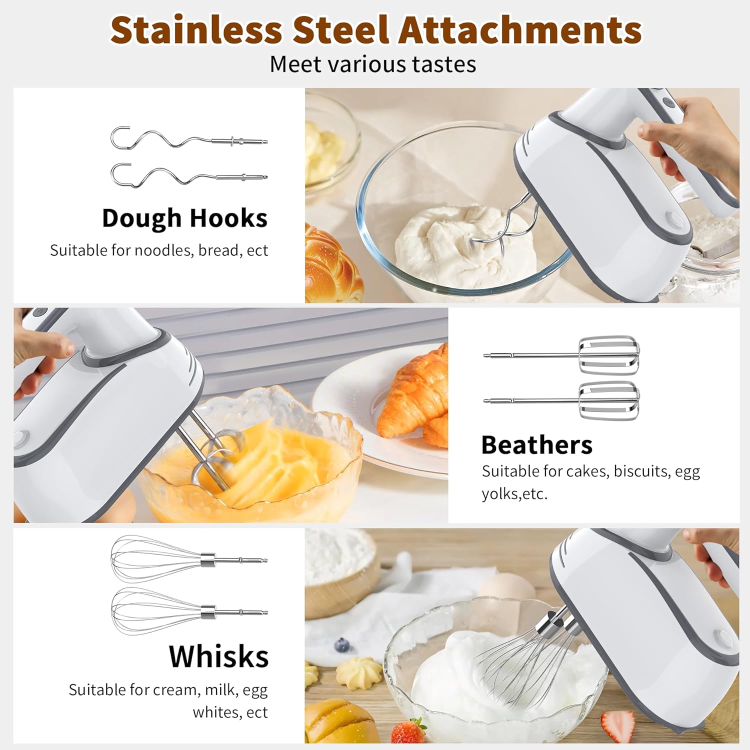 Cordless Electric Hand Mixer: 12 Speeds Powerful Handheld Mixer with 6 Stainless Steel Attachments (2 Beaters, 2 Dough Hooks, 2 Whisks), Snap-On Storage Case & Eject Button (White)