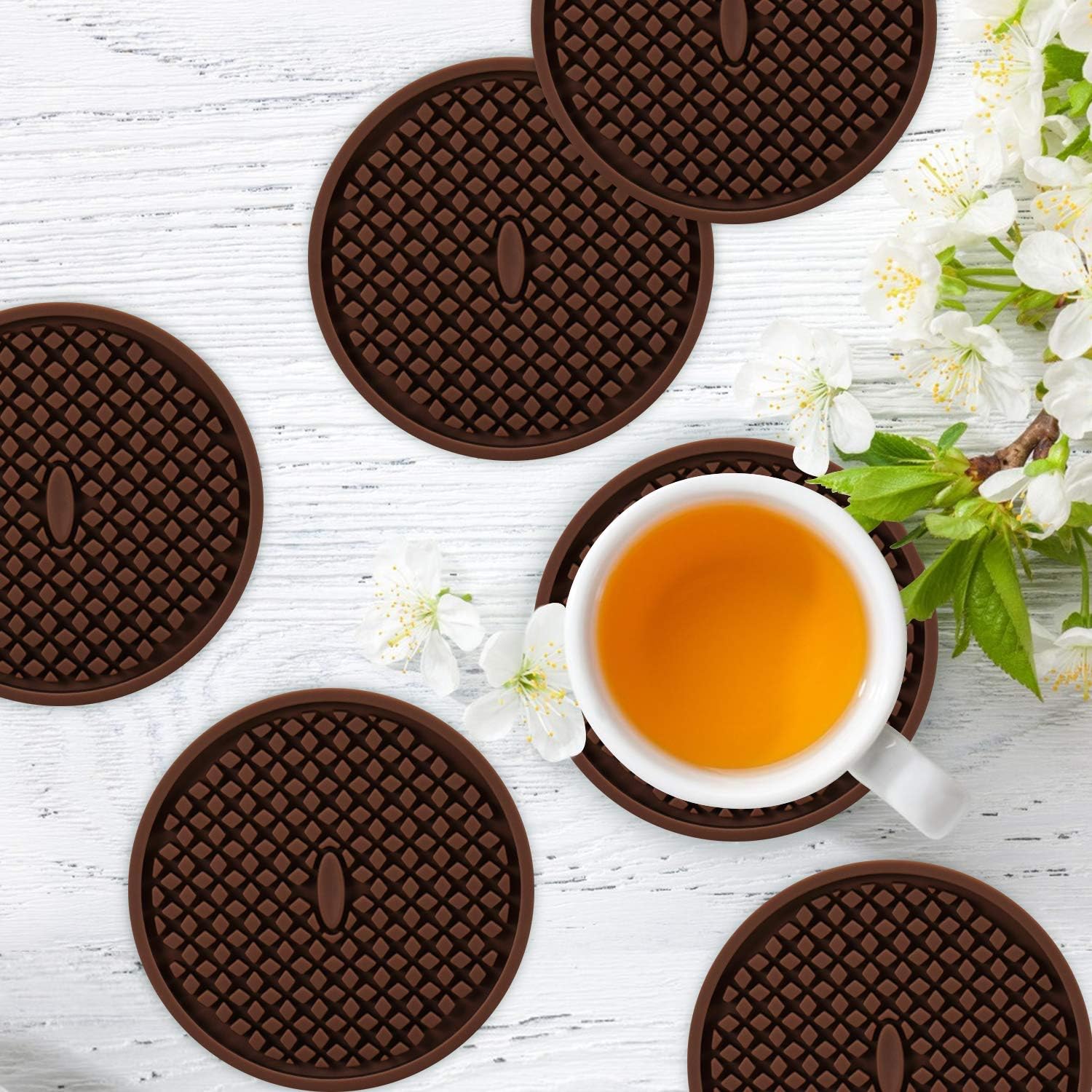ME.FAN Silicone Coasters [6 Pack] Thickened Drink Coasters with Holder - Cup Mat - Non-Slip, Non-stick, Stay Put, Deep Tray - Prevents Furniture and Tabletop Damages(Coffee)