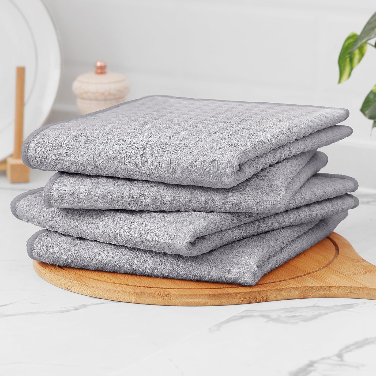 Homaxy Microfiber Waffle Weave Kitchen Towels, 16 x 28 Inch Ultra Absorbent and Solid Color Dish Towels, 4 Pack, Grey