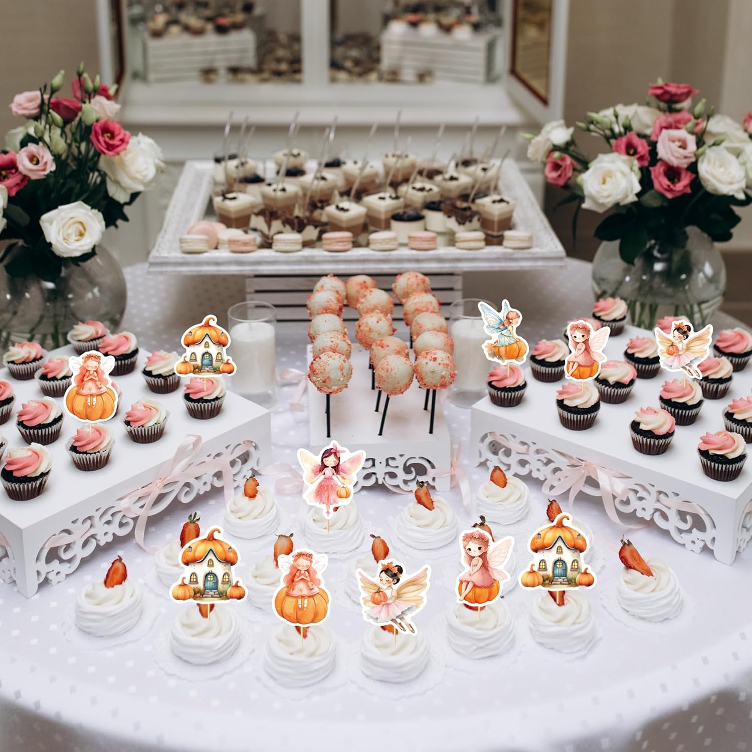 24Pcs Pumpkin Cupcake Toppers Flower Fairy Pumpkin Cupcake Picks Fall Harvest Theme Thanksgiving Baby Shower Party Supplies