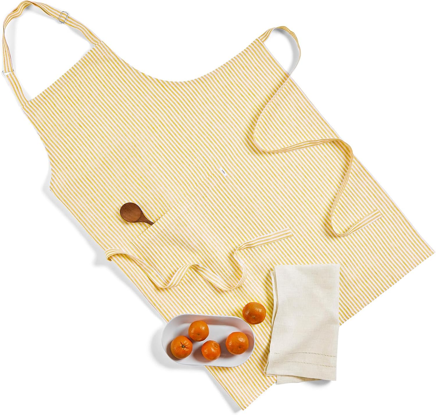 Solino Home 100% Pure Linen Apron for Women & Men - Spicy Mustard and White Stripe Full Midi Bib Apron, Adjustable Neck Strap with Center Pockets for Kitchen, Chef - Handcrafted from European Flax
