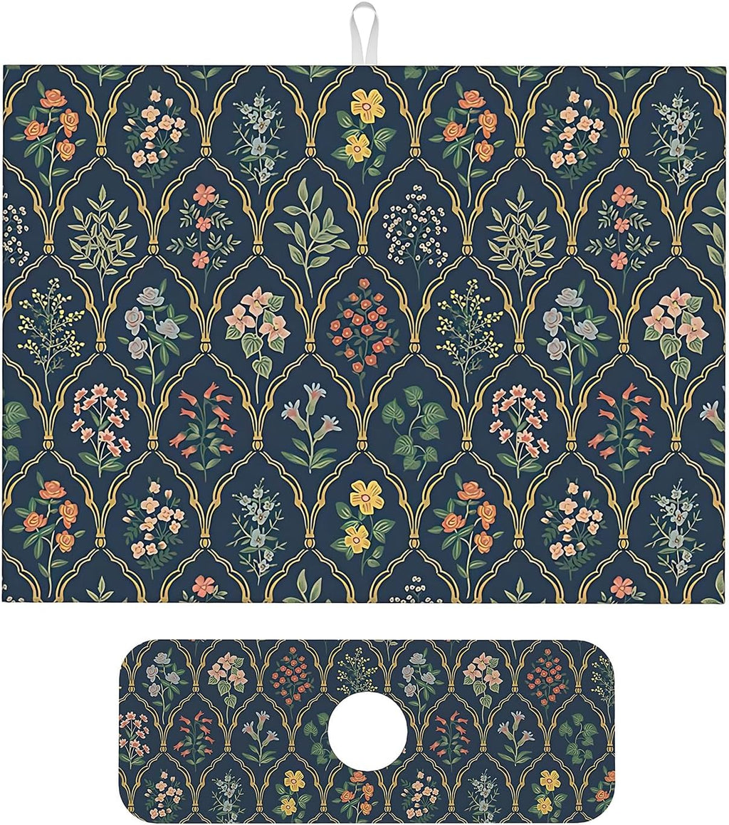 2Pcs Dish Drying Mats Faucet Mats Sets Large Size Coffee Mats Sink Faucet Mat Splash Guard for Kitchen Counter Bathroom Sink Coffee Bar Kitchen Decor (Vintage Flowers, 18"x24" 15" x 5.5"Set)