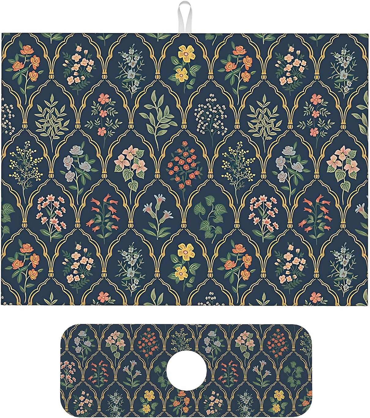 2Pcs Dish Drying Mats Faucet Mats Sets Large Size Coffee Mats Sink Faucet Mat Splash Guard for Kitchen Counter Bathroom Sink Coffee Bar Kitchen Decor (Vintage Flowers, 18"x24" 15" x 5.5"Set)