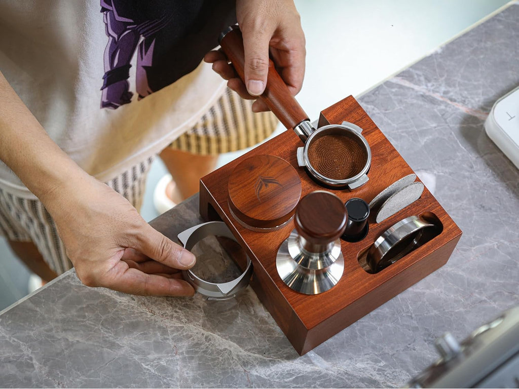 54mm Espresso Bar Accessories – Must-Have Coffee Tools Set with Tamper, Distributor, WDT Stirrer, Dosing Funnel, Puck Screen & Rosewood Organizer | Espresso Machine Accessories Kit