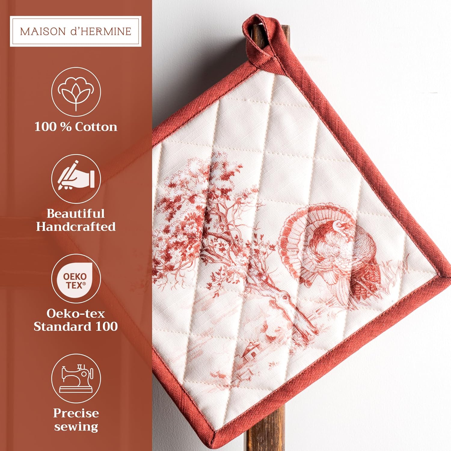 Maison d' Hermine Pot Holders 100% Cotton Heat Resistant Potholders 8" x 8" Hot Pads with Loop BBQ, Cooking, Baking, Grilling, Kitchen, Handling Hot Pans (Pack of 1, Holy Jouy - Red)