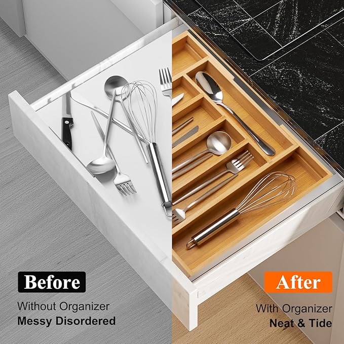 Expandable Large Utensil Drawer Organizer Cutlery Tray Bamboo Kitchen Silverware Organizer Cooking Utensil Tray Holder Adjustable Wooden Flatware Organizer for Drawer Spoon Fork Silverware Tray
